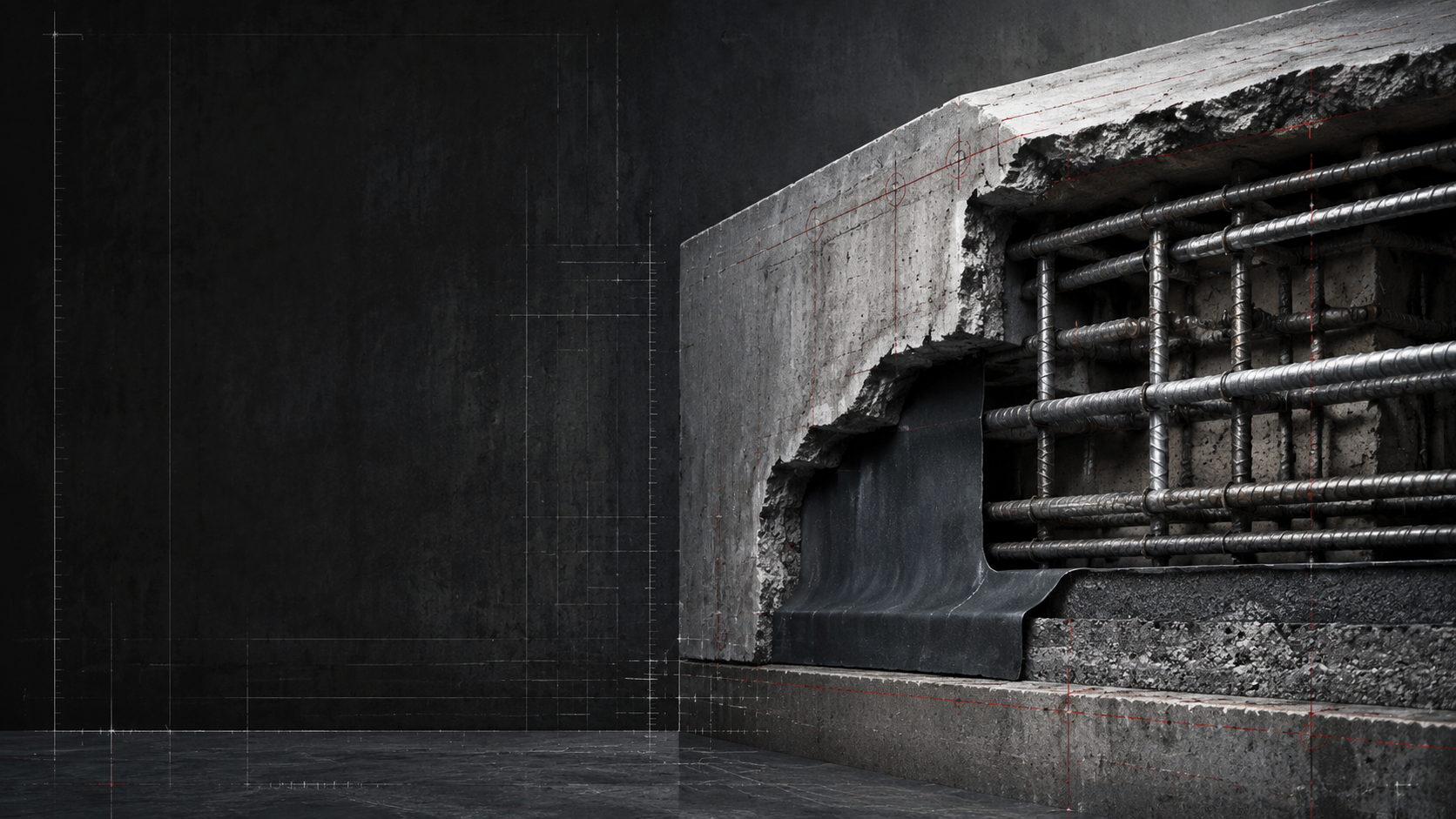 Conceptual illustration of reinforced concrete repair and waterproofing layers